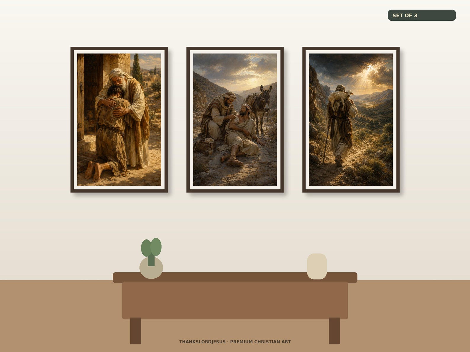 Clean airy hero mockup for Mercy and Restoration Parables Set of 3, with all 3 coordinated designs fully visible on a premium neutral wall.