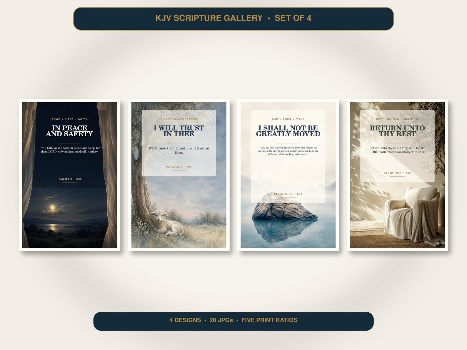 Peaceful Sleep and Rest Wall Art Set of 4, KJV Prints showing all 4 included Christian printable designs.