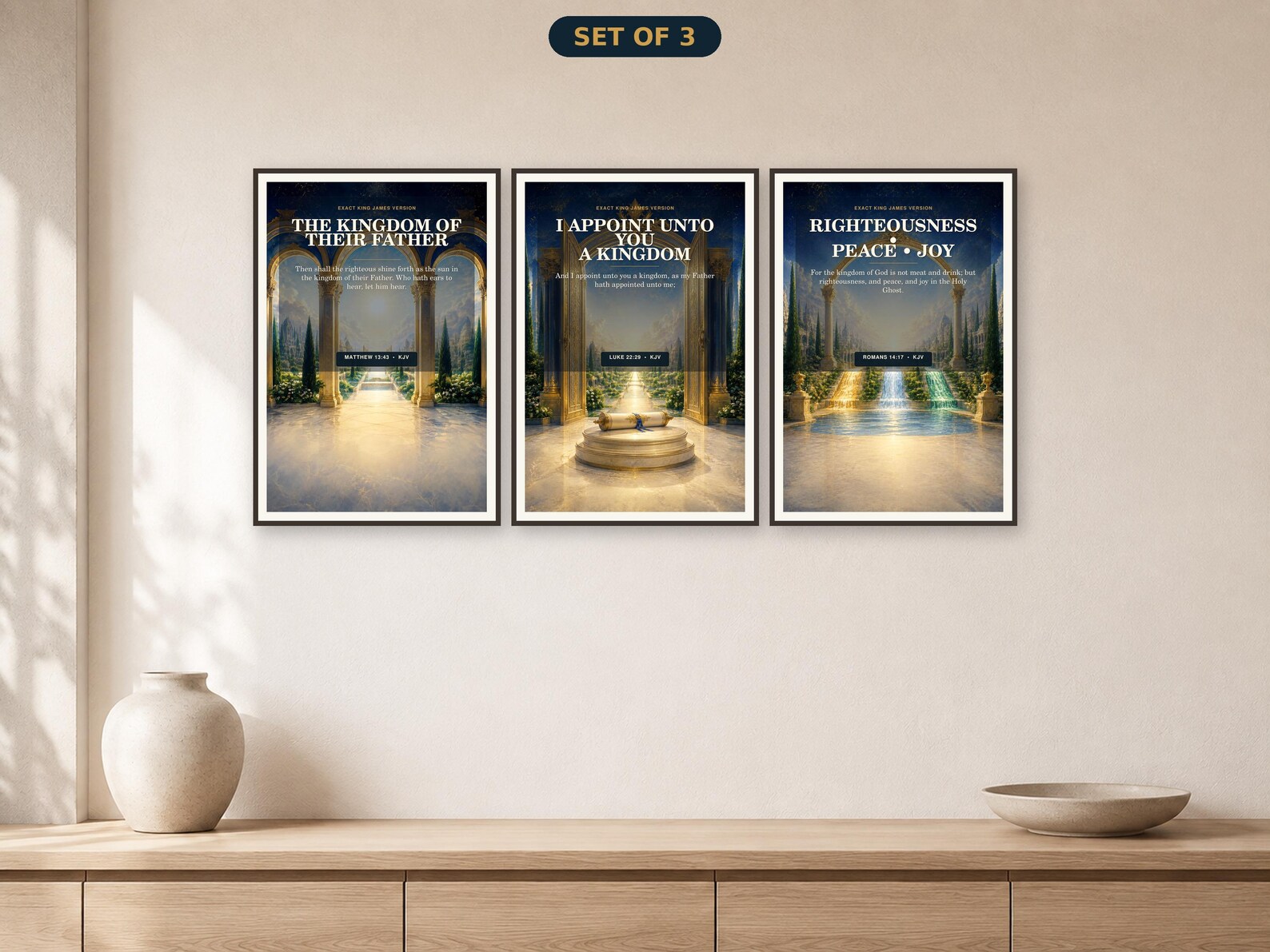 Kingdom Trinity Wall Art Triptych, Father Son Holy Spirit KJV Kingdom and Royal Welcome Father Son Holy Spirit wall art set of three coordinated exact-KJV printable designs.