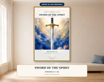 Sword of the Spirit Wall Art, Ephesians 6:17 KJV Printable, Armor of God Christian Decor, Blue Gold Digital Download