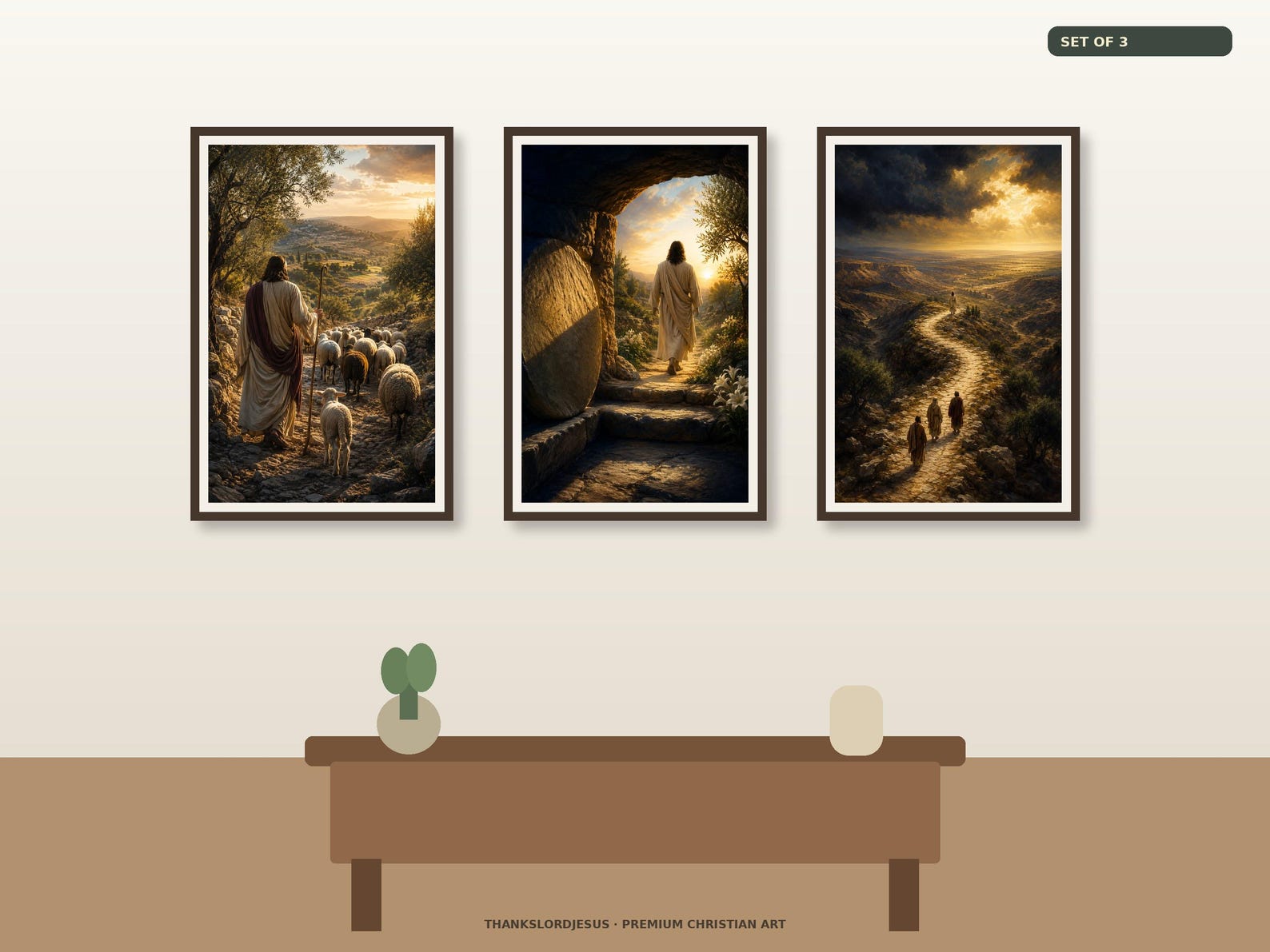 Clean airy hero gallery mockup for Shepherd, Resurrection & Way I AM Set of 3, with all 3 framed designs clearly visible in a spacious premium wall arrangement.