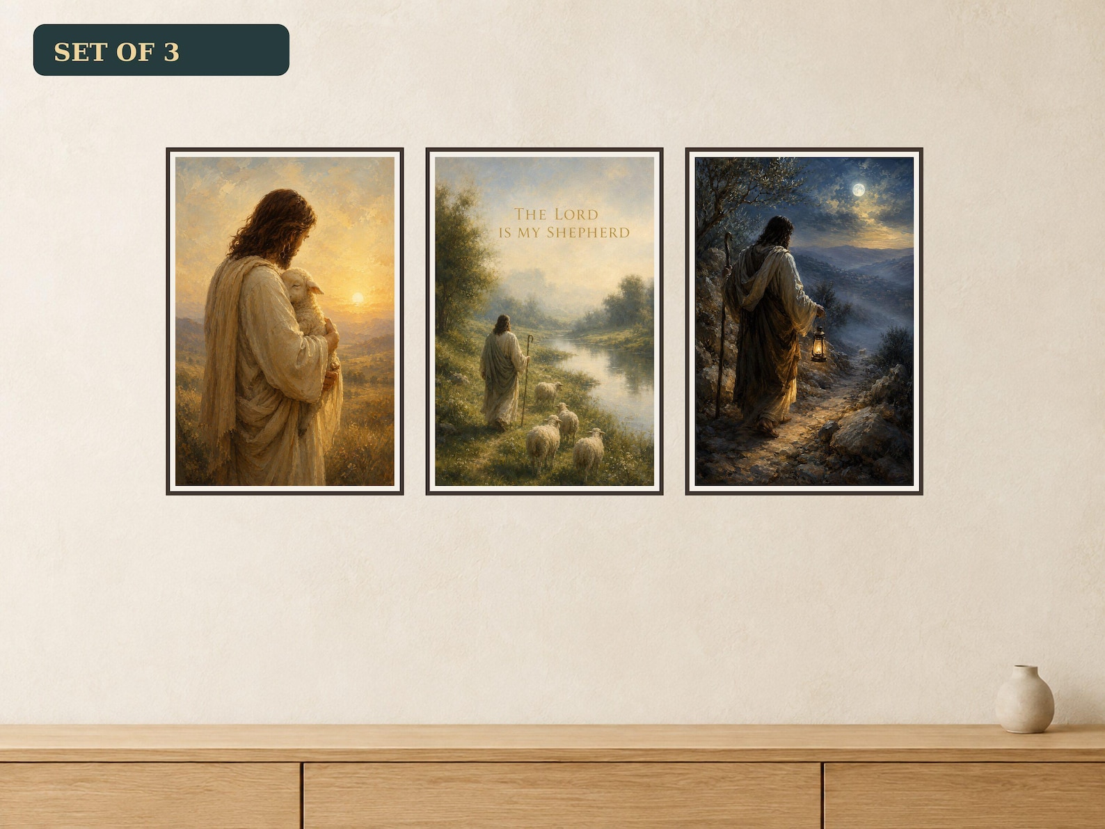 Tender Shepherd Set of 3 premium Jesus wall art Tender Shepherd Set of 3 premium Christian wall art bundle displayed as a clean gallery with all 3 included artworks visible.