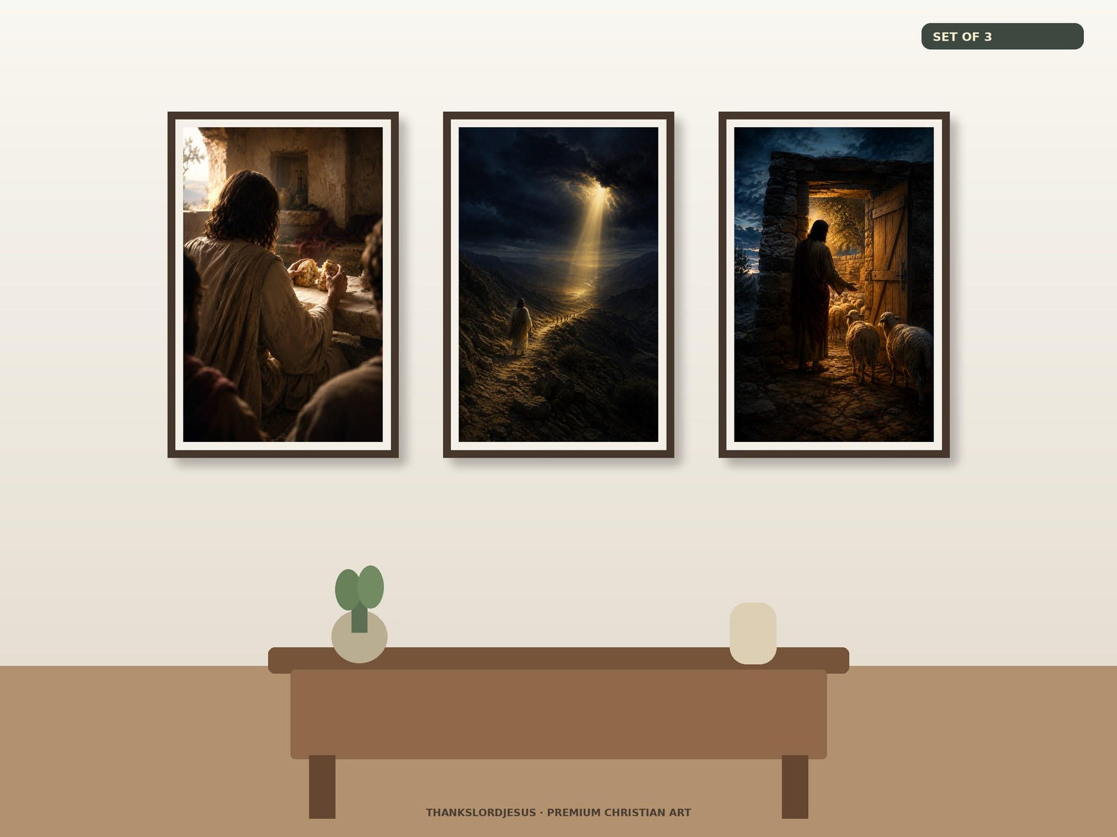 Clean airy hero gallery mockup for Bread, Light & Door I AM Set of 3, with all 3 framed designs clearly visible in a spacious premium wall arrangement.