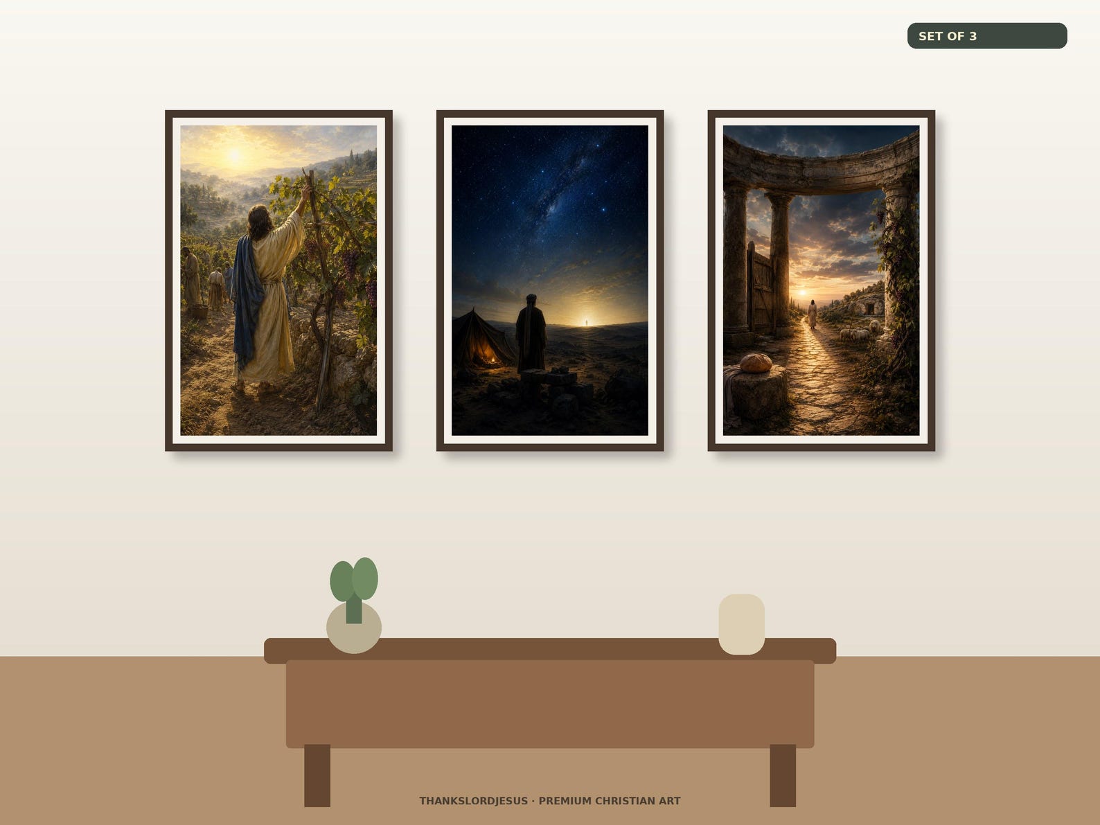 Clean airy hero gallery mockup for True Vine & Eternal I AM Set of 3, with all 3 framed designs clearly visible in a spacious premium wall arrangement.