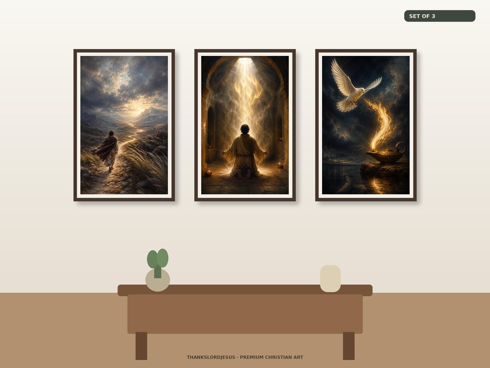 Clean airy hero mockup for Spirit Led Life Set of 3, with all 3 coordinated Holy Spirit designs fully visible on a premium neutral wall.