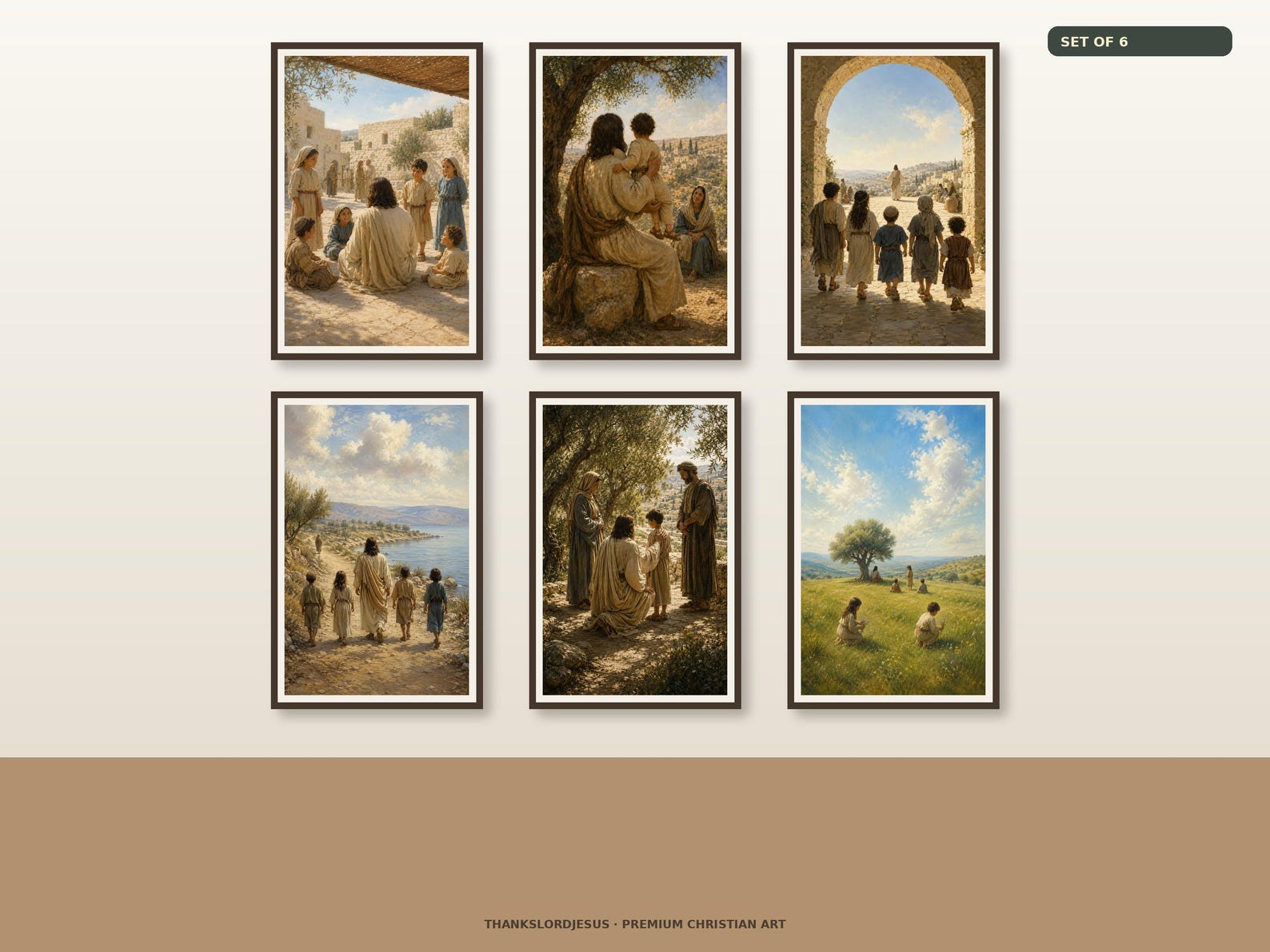 Clean airy hero gallery mockup for Jesus With Children Premium Collection Set of 6, with all 6 designs clearly visible as a coordinated framed collection.