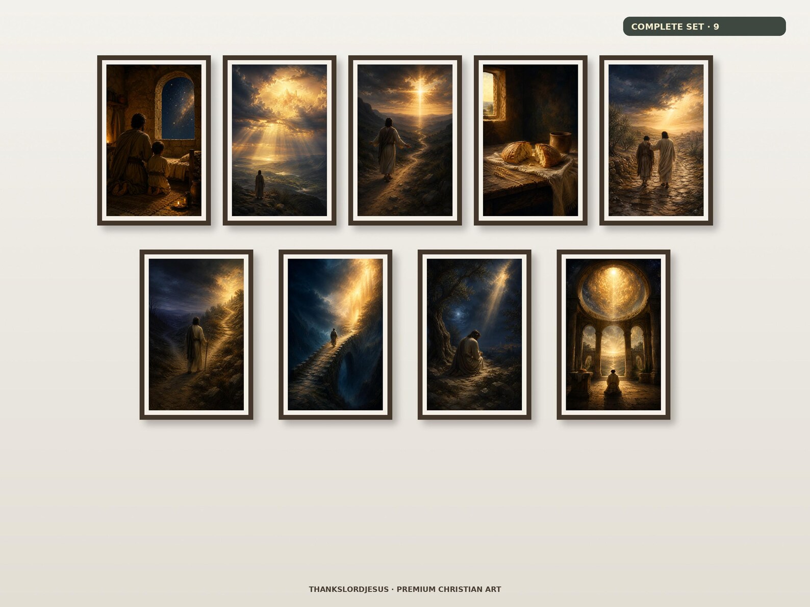 Clean airy hero mockup for Complete Lord's Prayer Premium Set of 9, with all 9 coordinated prayer designs fully visible on a premium neutral wall.