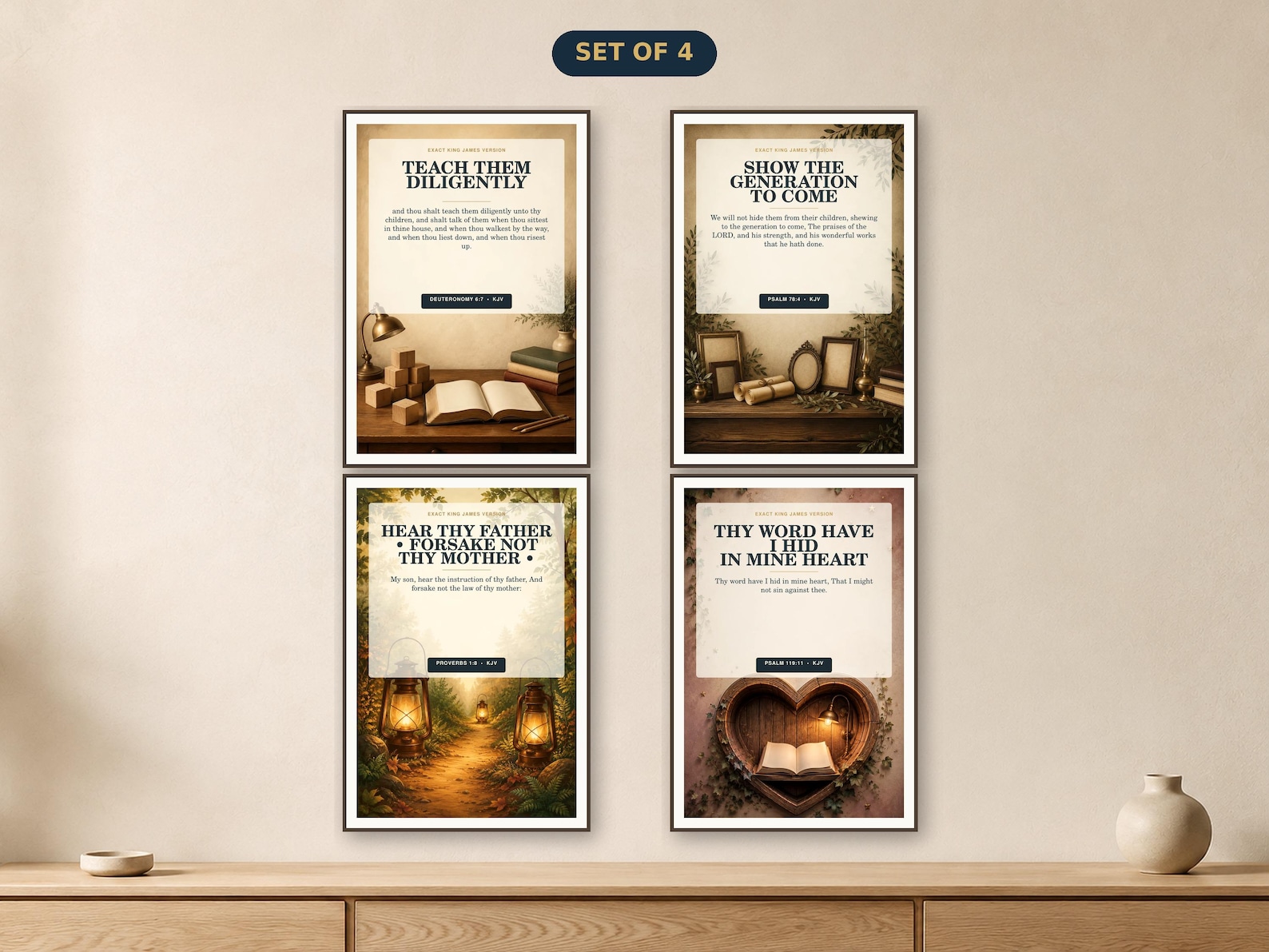 Christian Homeschool Scripture Wall Art Set of 4, KJV Classroom Bundle Christian Homeschool • Set of 4 KJV Christian nursery wall art set of four using the actual component designs.