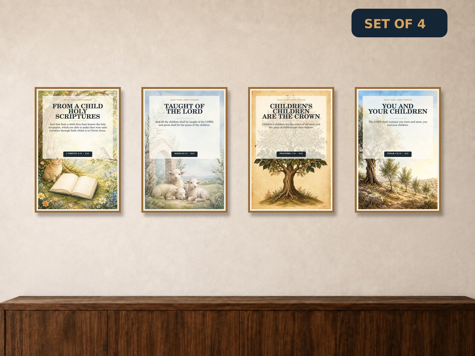 Christian nursery KJV wall art set of four with original woodland Bible, lamb, family tree, and olive-grove Scripture designs.