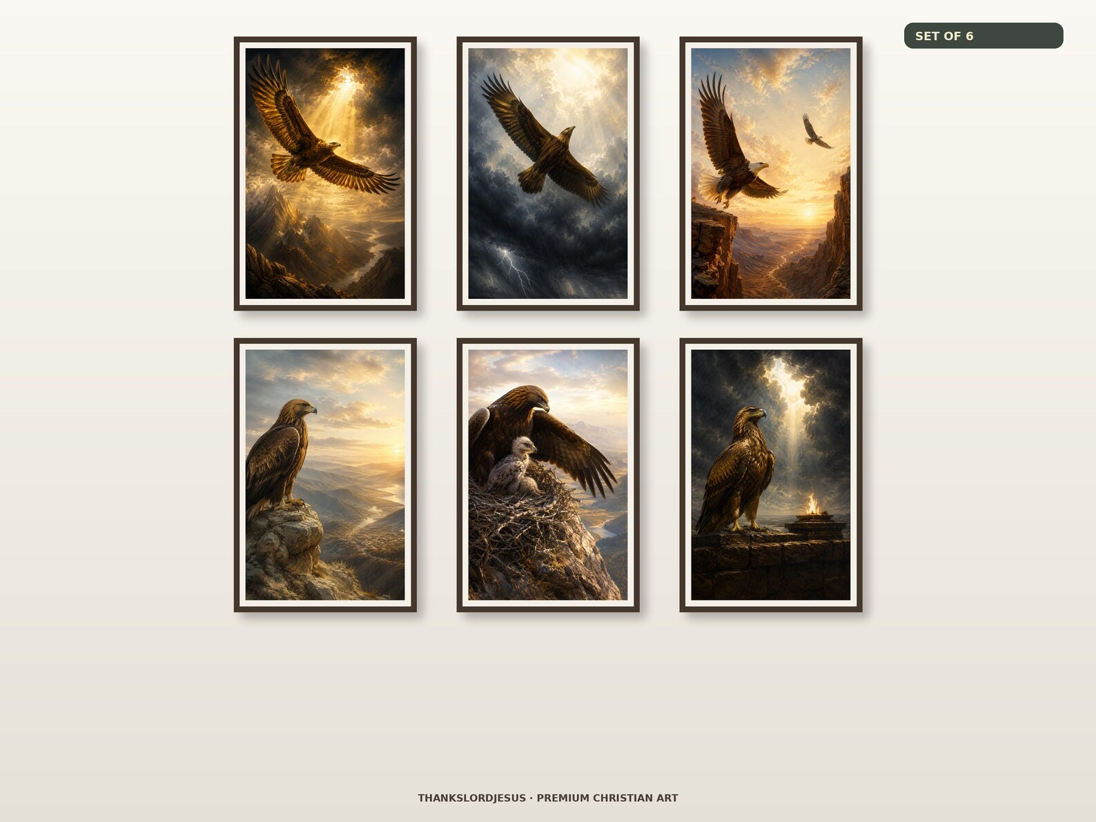 Clean airy hero mockup for Prophetic Eagle and Wings of Renewal Set of 6, with all 6 coordinated prophetic eagle designs fully visible on a premium neutral wall.