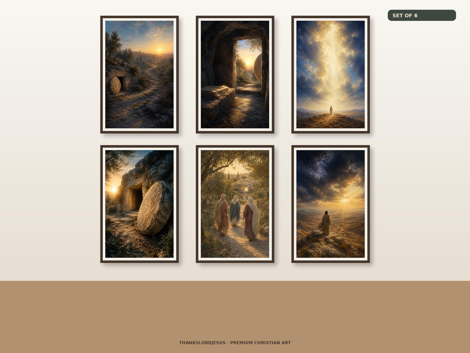 Clean gallery view of all 6 textless Resurrection and Victory Christian artworks included in Resurrection and Victory Jesus Collection Set of 6: He Is Risen, Empty Tomb at Sunrise, Risen Jesus in Heavenly Light, The Stone Rolled Away, Resurrection Morning, Jesus Victorious.