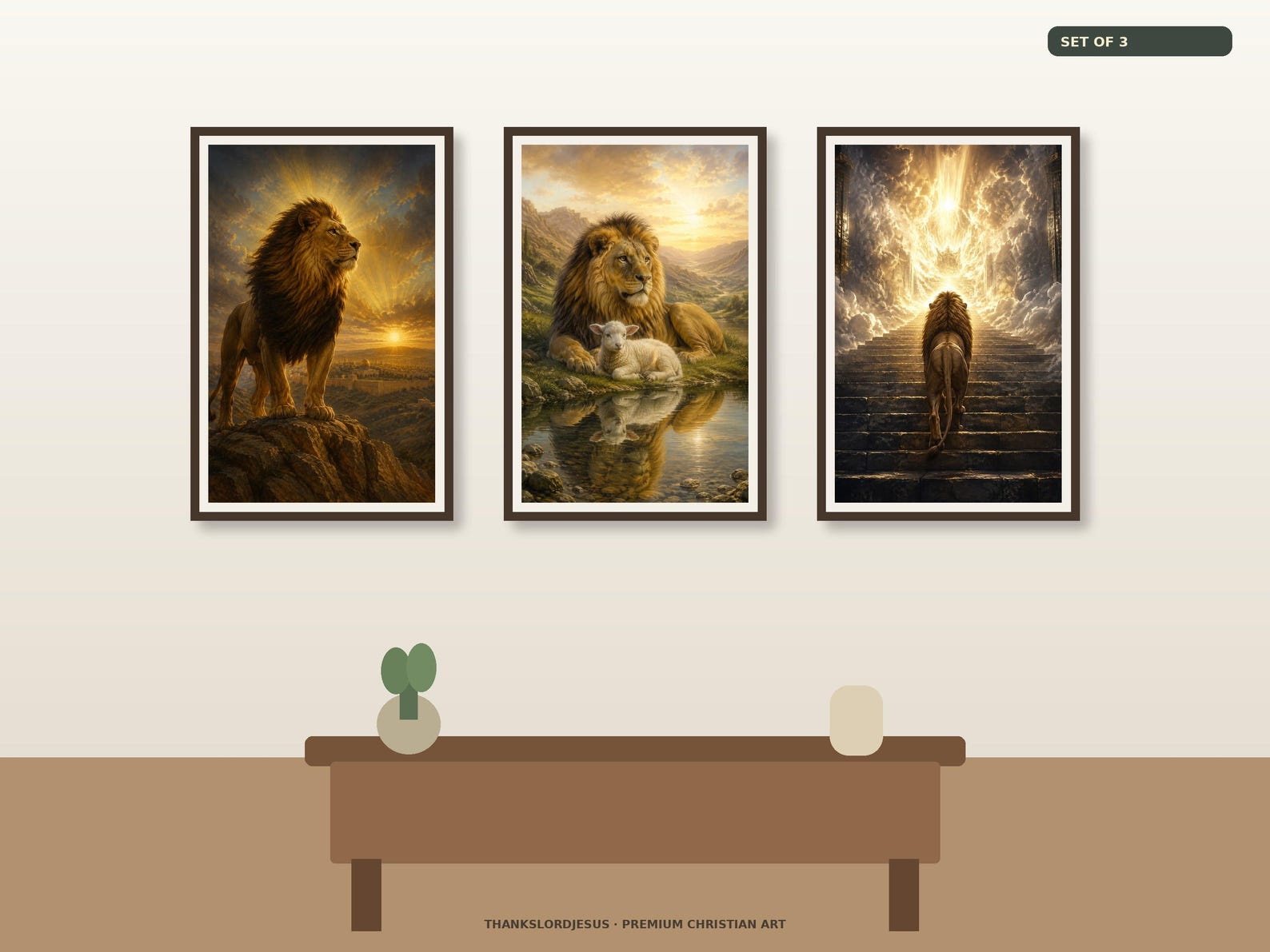 Neutral hero mockup for Lion of Judah Jerusalem Peace and Throne Set of 3, with all 3 coordinated prophetic lion artworks visible as the main focus.