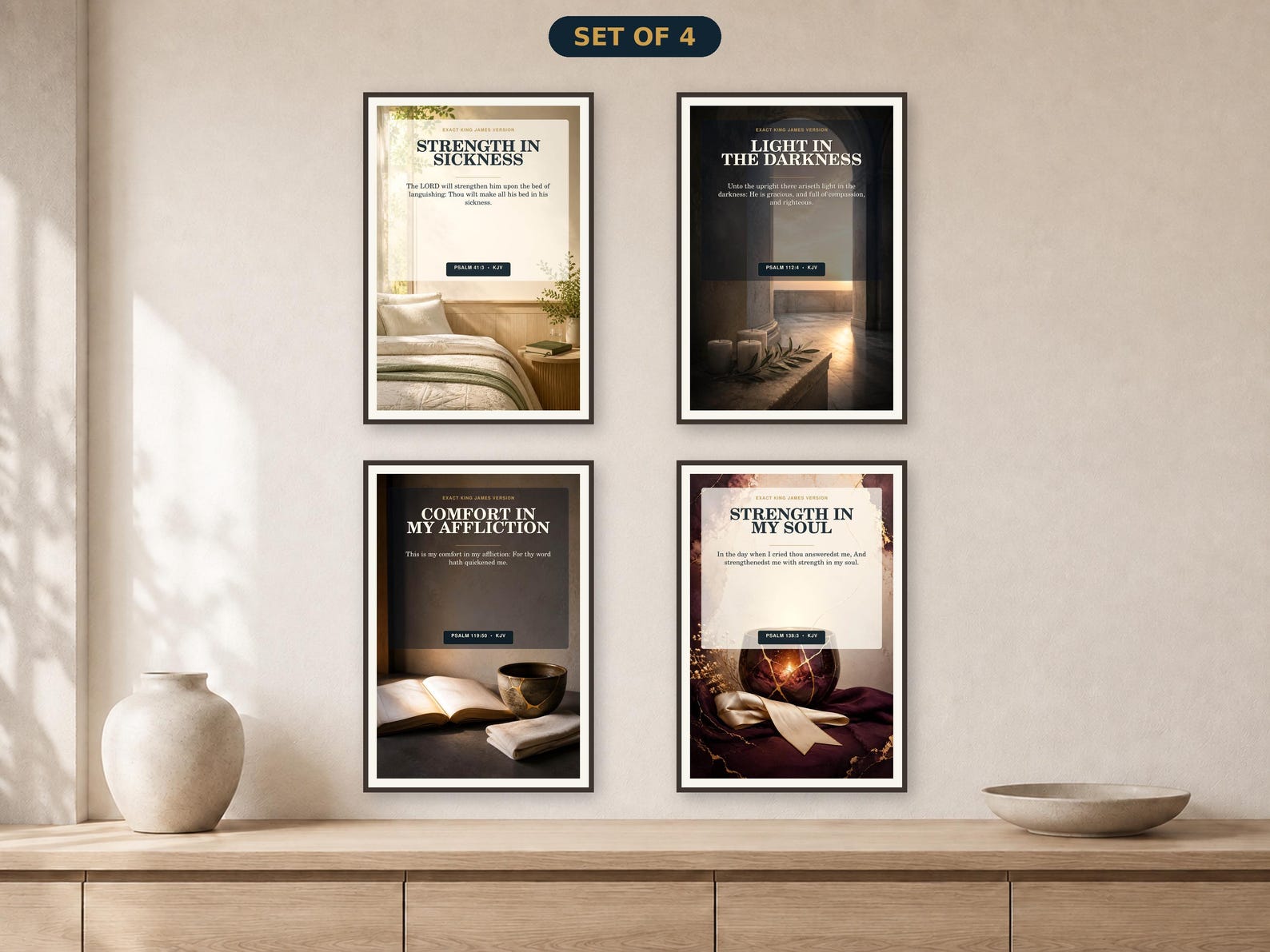 KJV comfort in affliction Psalm wall art set with 4 coordinated Christian printable designs
