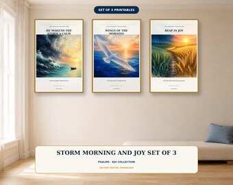 Psalms Wall Art Set of 3, Ocean Bird Harvest KJV Scripture Printables, Christian Digital Download Bundle