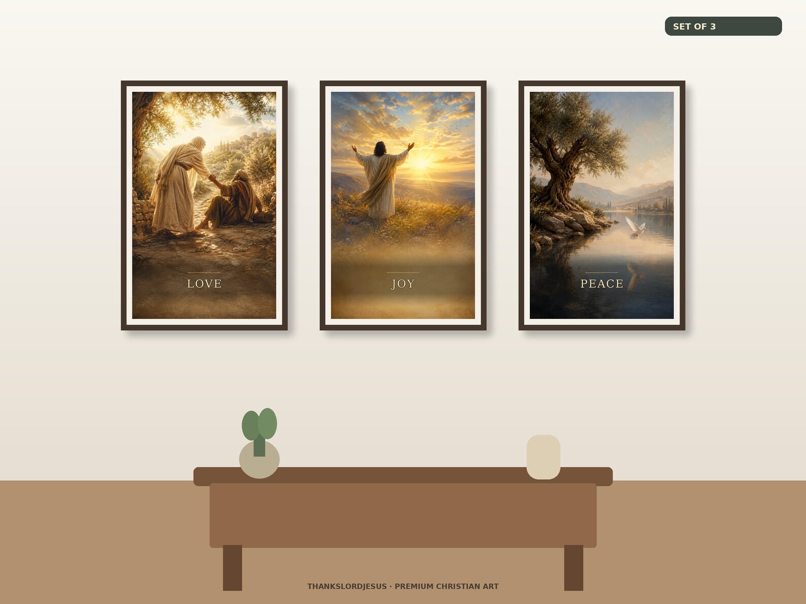 Neutral hero mockup for Love Joy and Peace Fruit of the Spirit Set of 3, with all 3 coordinated Fruit of the Spirit artworks visible as the main focus.