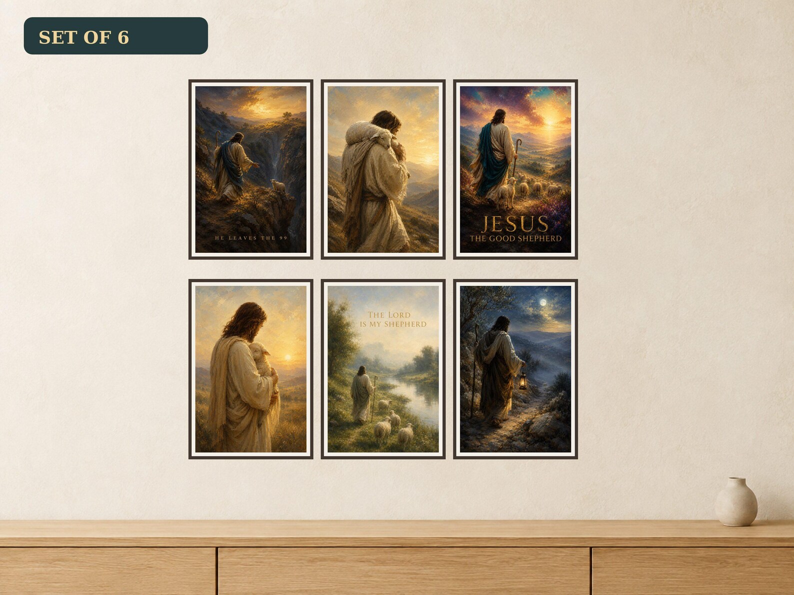 Good Shepherd Premium Set of 6 premium Jesus wall art Good Shepherd Premium Set of 6 premium Christian wall art bundle displayed as a clean gallery with all 6 included artworks visible.