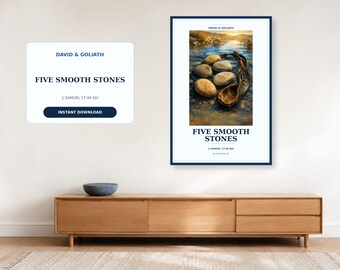 Five Smooth Stones Wall Art, 1 Samuel 17:40 KJV Printable, David and Goliath Christian Decor, Digital Download