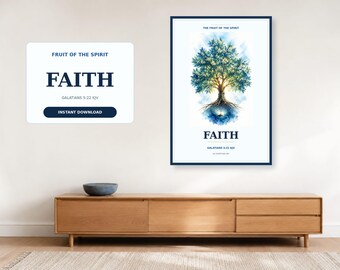 Faith Fruit of the Spirit Wall Art, Galatians 5:22-23 KJV Printable, Blue Botanical Christian Decor, Digital Download