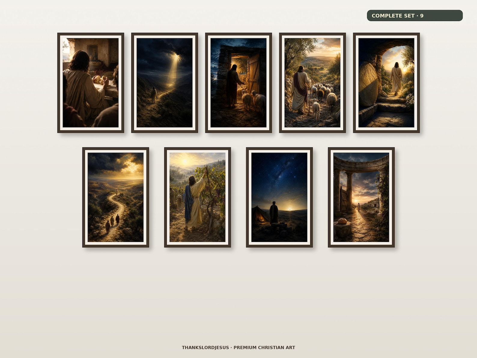 Clean airy hero gallery mockup for Seven I AM Complete Collection Set of 9, with all 9 framed designs clearly visible in a spacious premium wall arrangement.