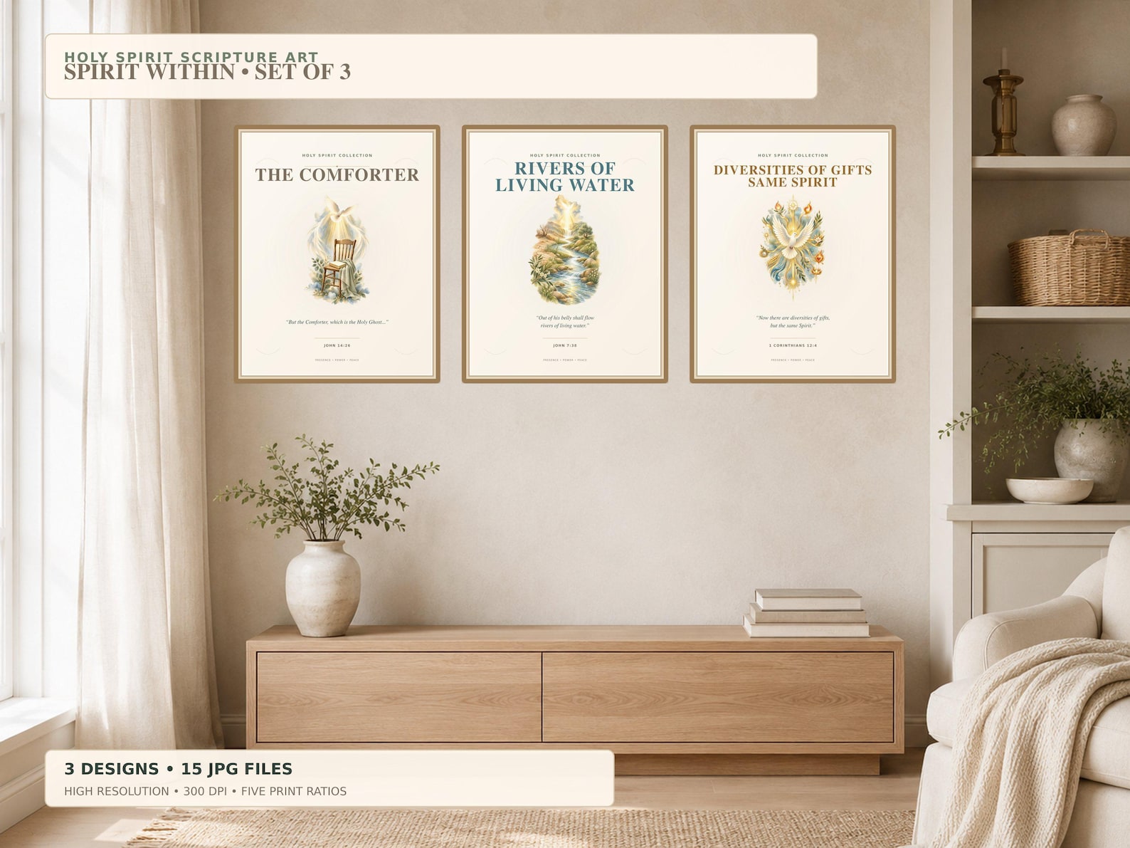 Holy Spirit Scripture Wall Art Set of 3, a Christian digital printable from the Holy Spirit collection by Thanks Lord Jesus