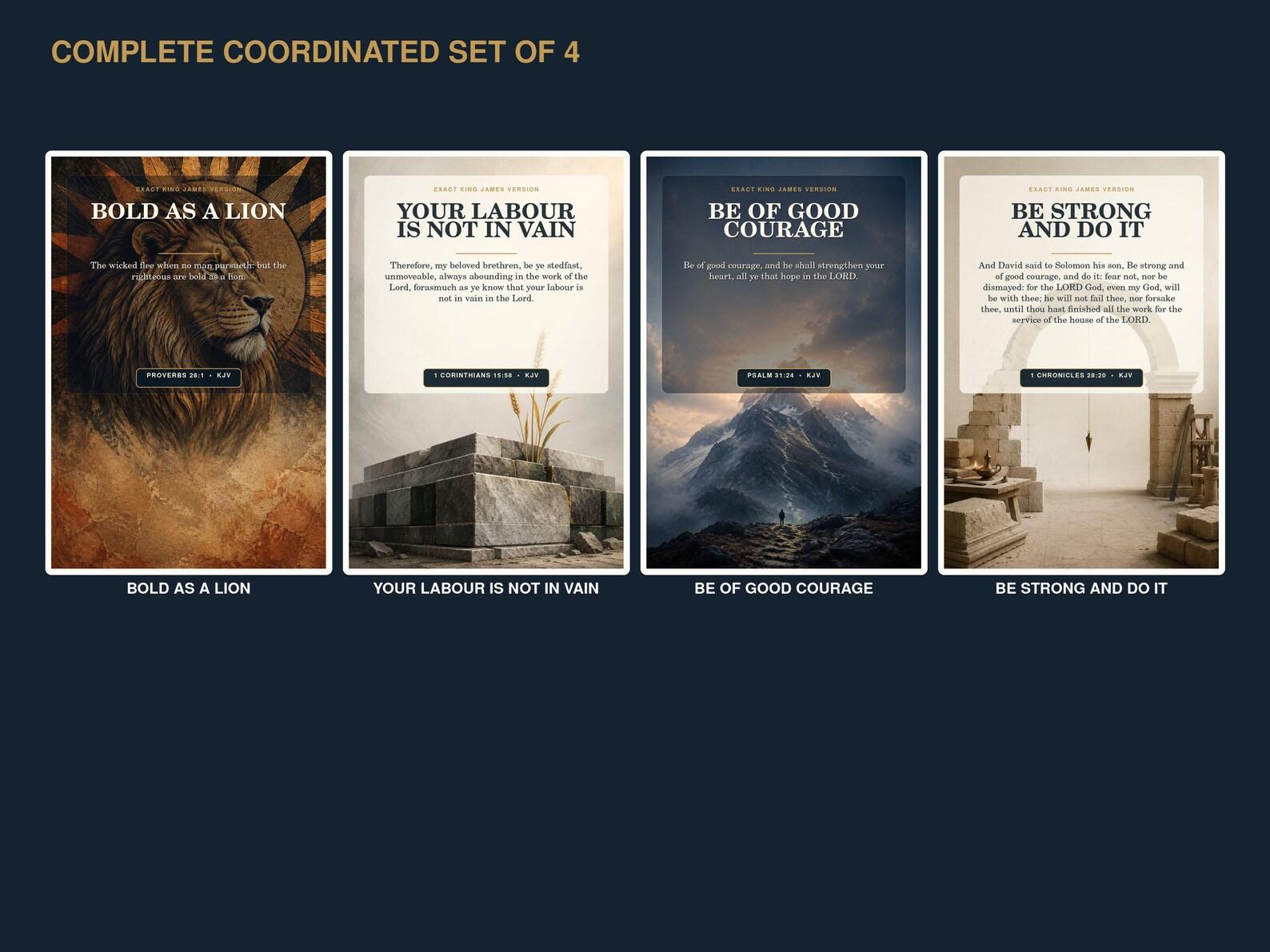 Christian Men's Office Scripture Wall Art Set of 4, KJV Courage Printable Bundle Christian men's office KJV Scripture set of four with lion, stone foundation, mountain courage, and builder-arch designs.