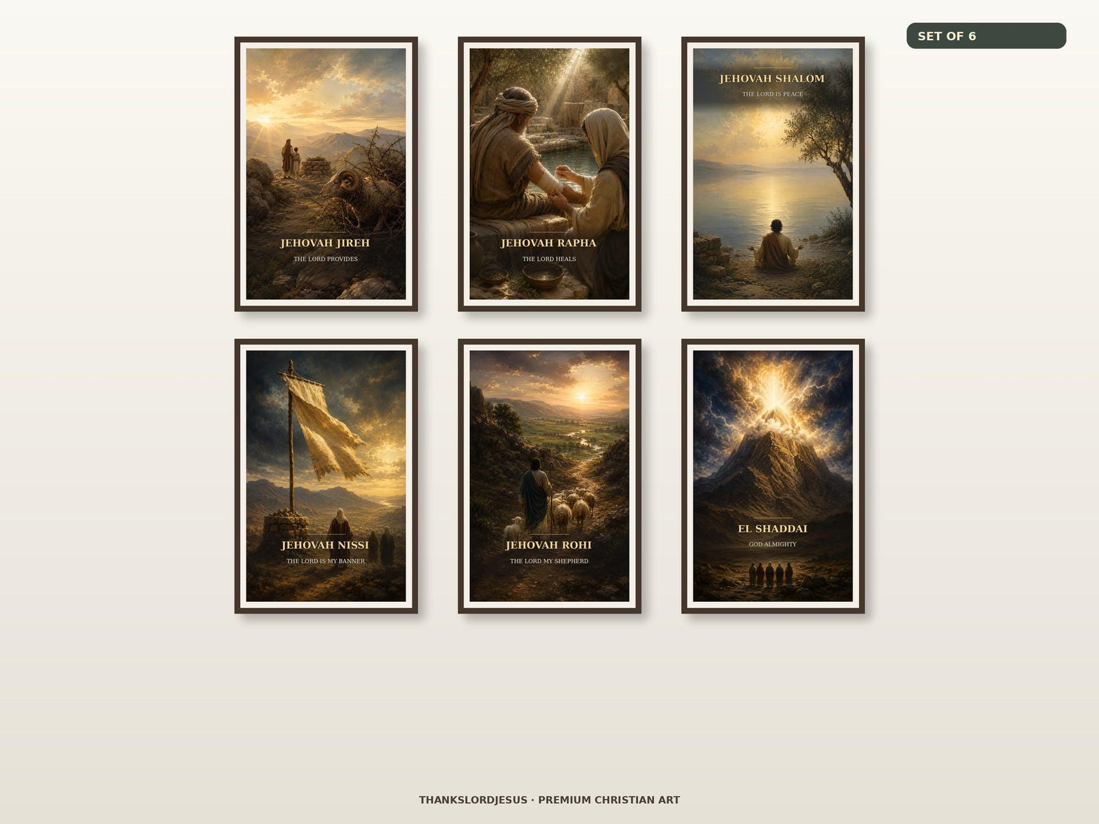 Clean airy hero gallery wall for Names of God Premium Set of 6, with all 6 Names of God artworks fully visible and evenly spaced.