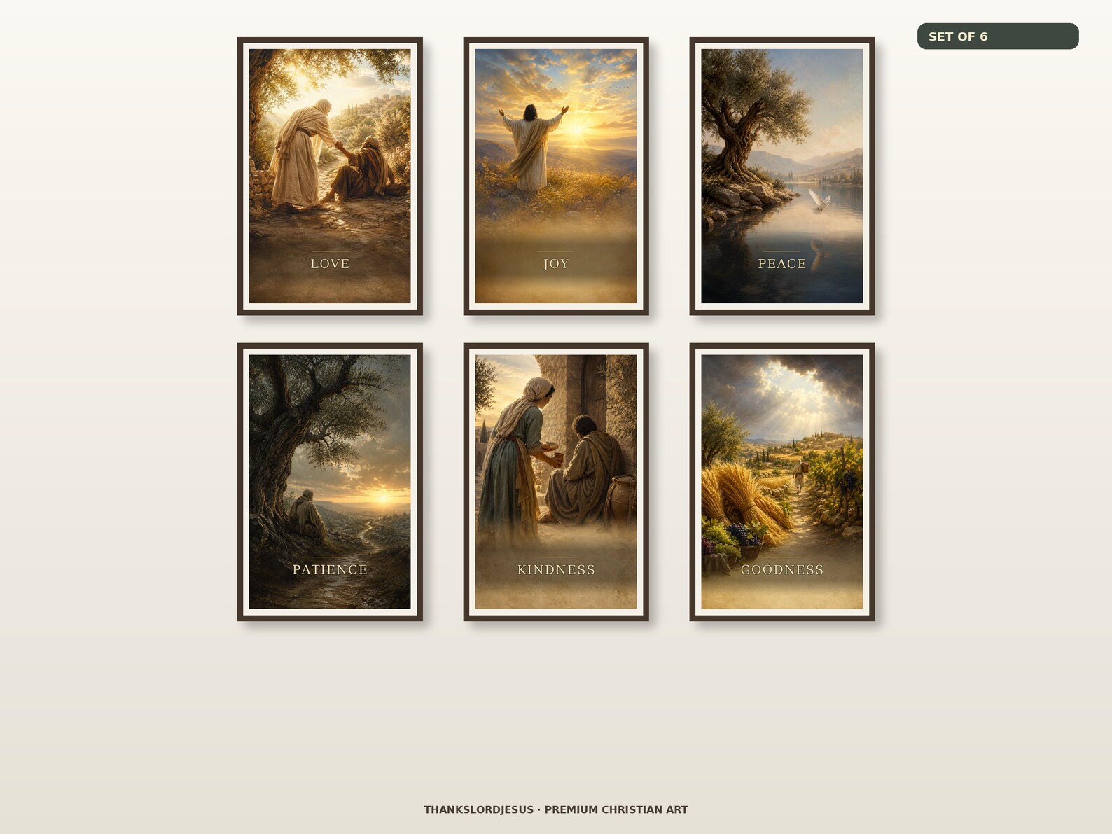 Clean airy hero gallery wall for Fruit of the Spirit Premium Set of 6, with all 6 Fruit of the Spirit artworks fully visible and evenly spaced.