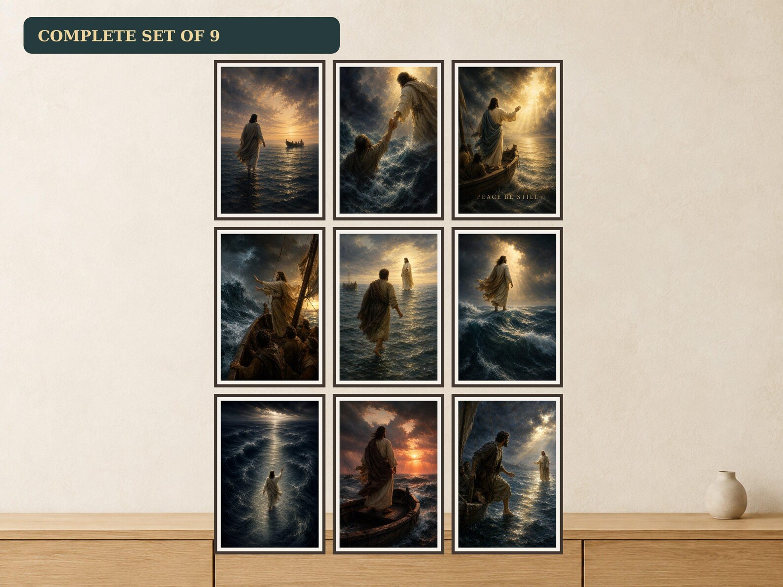 Complete Walking on Water and Storm Collection Set of 9 premium Christian wall art bundle displayed as a clean gallery with all 9 included artworks visible.