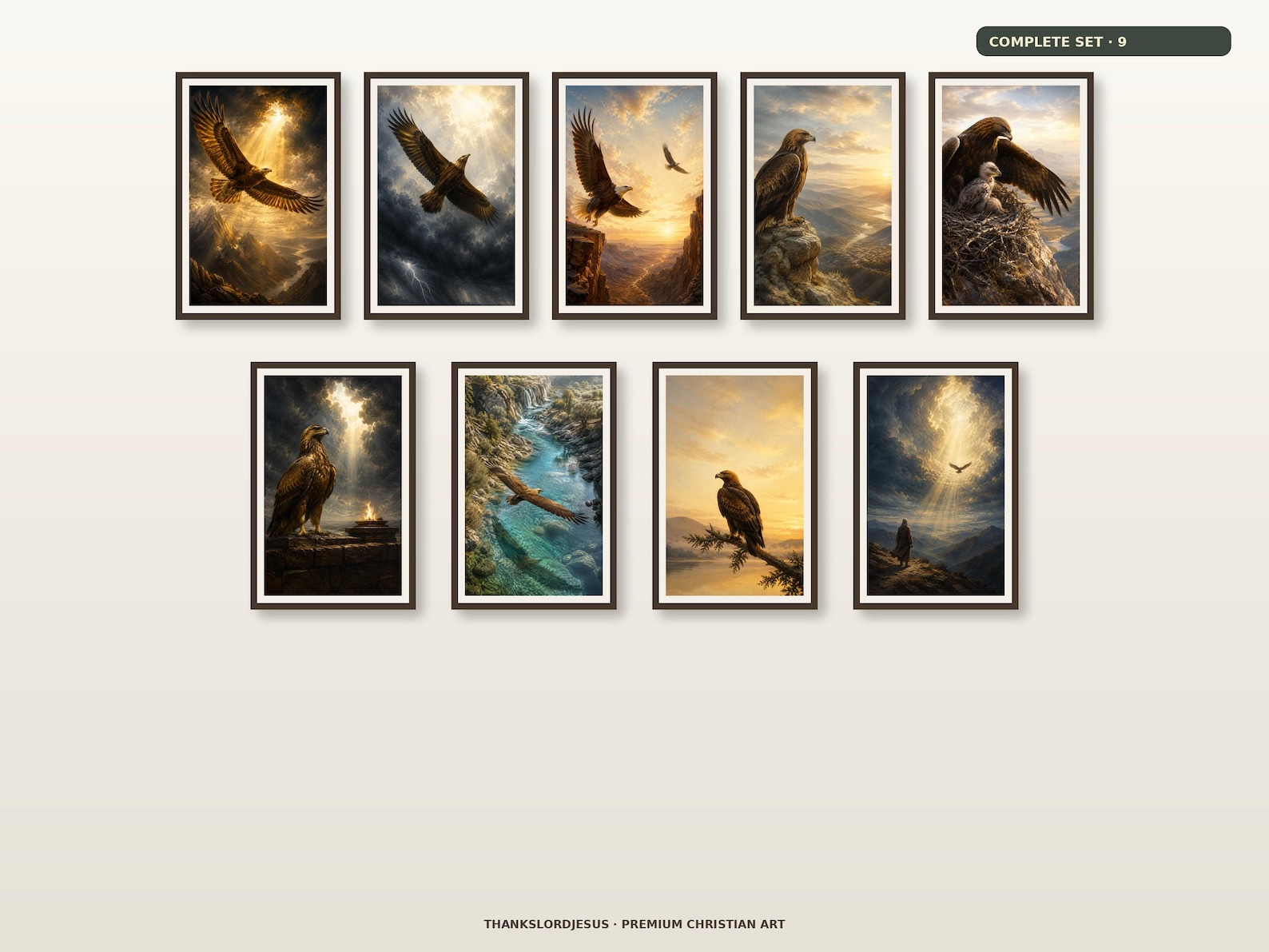 Complete Prophetic Eagle and Wings of Renewal Set of 9 — Prophetic Scripture Art Clean airy hero mockup for Complete Prophetic Eagle and Wings of Renewal Set of 9, with all 9 coordinated prophetic eagle designs fully visible on a premium neutral wall.