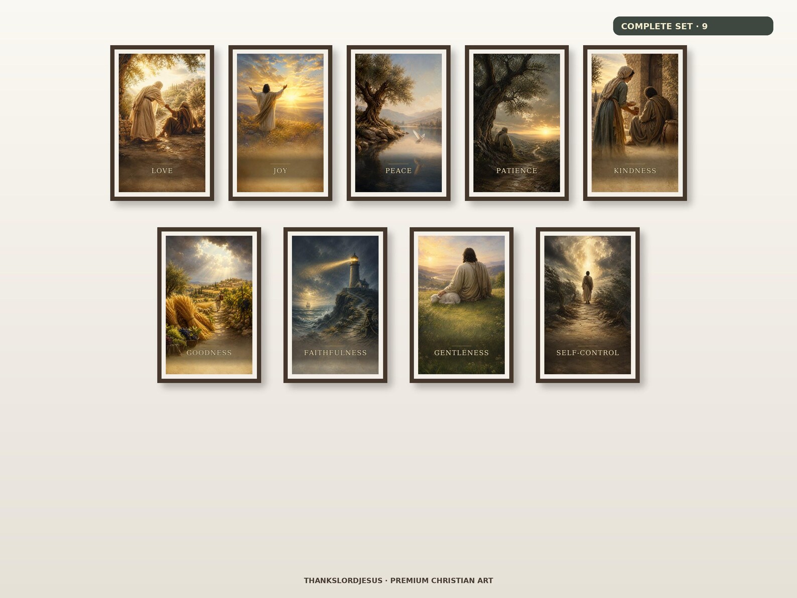 Clean airy hero gallery wall for Complete Fruit of the Spirit Premium Set of 9, with all 9 Fruit of the Spirit artworks fully visible and evenly spaced.