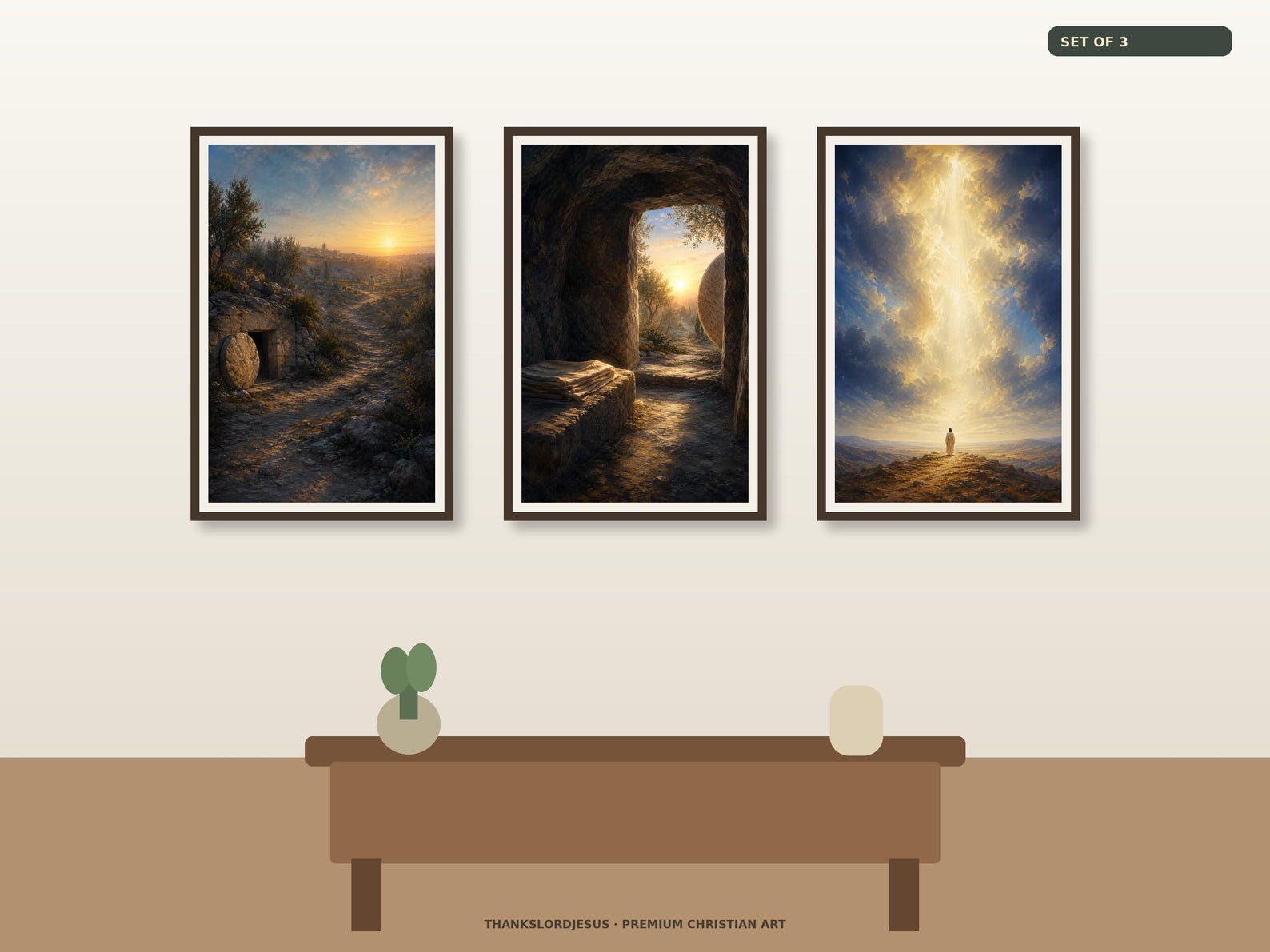 Resurrection Dawn Jesus Art Set of 3 premium resurrection Christian wall art Clean gallery view of all 3 textless Resurrection and Victory Christian artworks included in Resurrection Dawn Jesus Art Set of 3: He Is Risen, Empty Tomb at Sunrise, Risen Jesus in Heavenly Light.