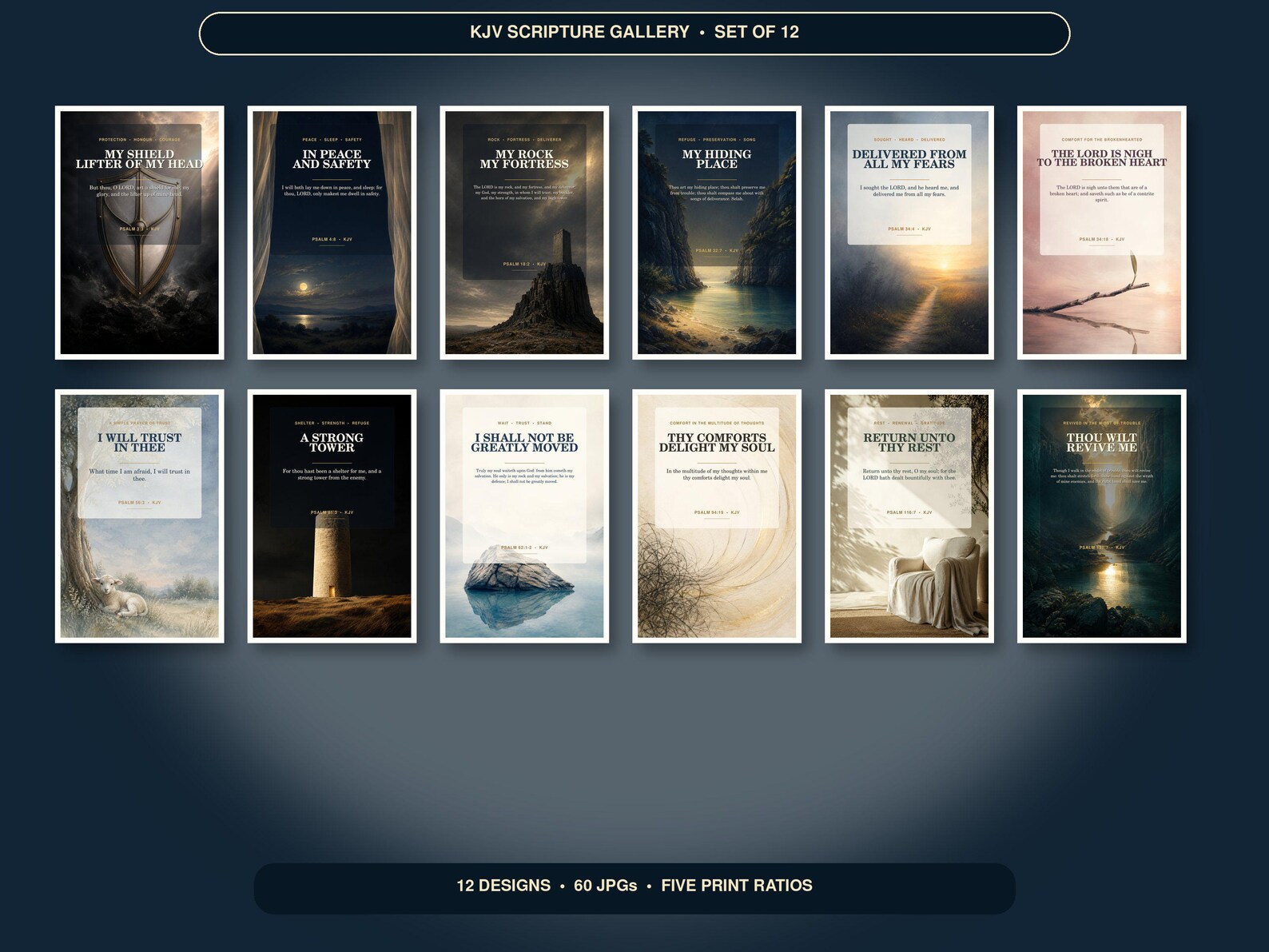 Complete Psalms Protection and Comfort Wall Art Bundle of 12 showing all 12 included Christian printable designs.