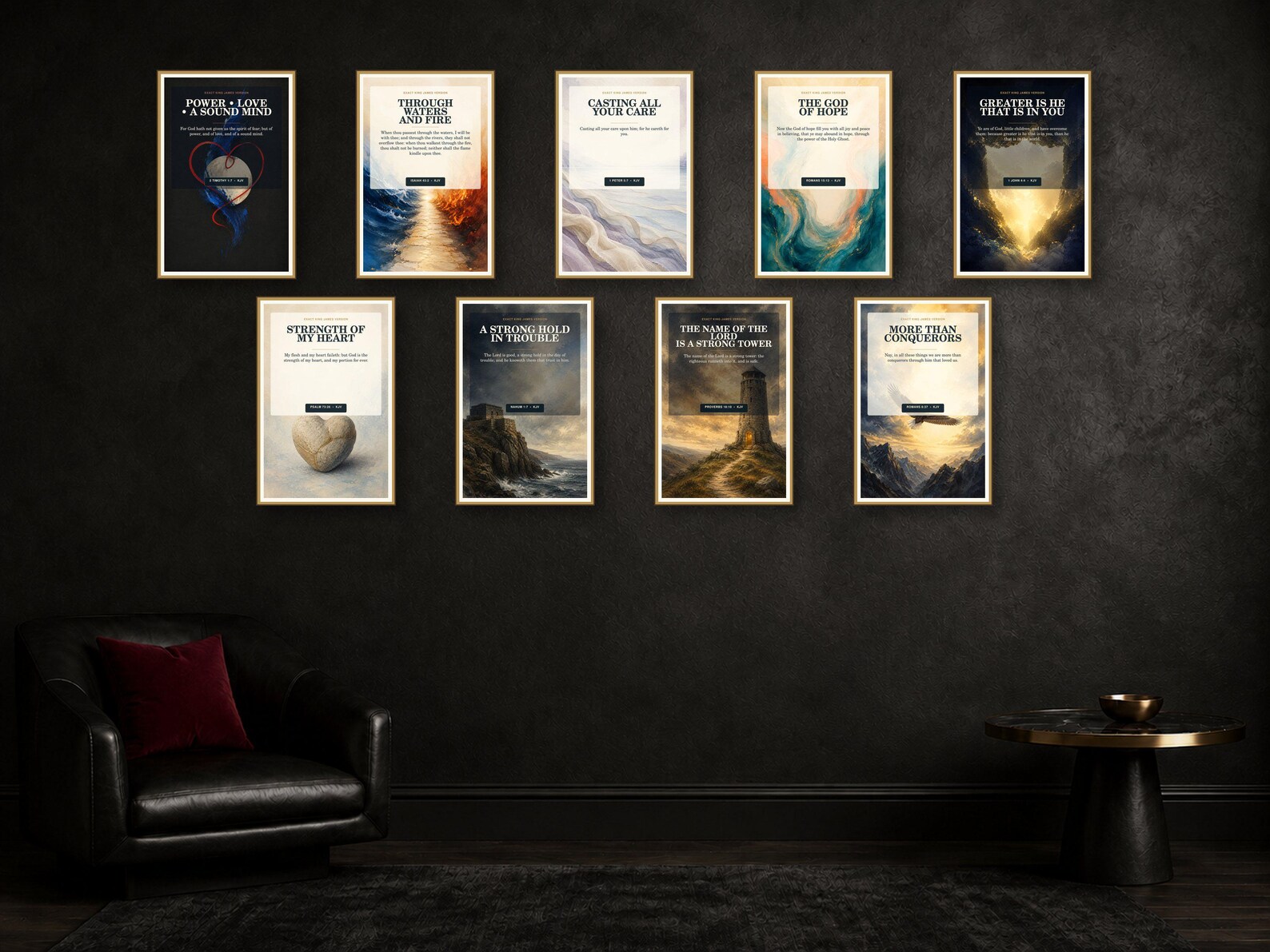Courage Comfort and Hope Wall Art Set of 9, KJV Bundle showing all 9 included Christian printable designs.