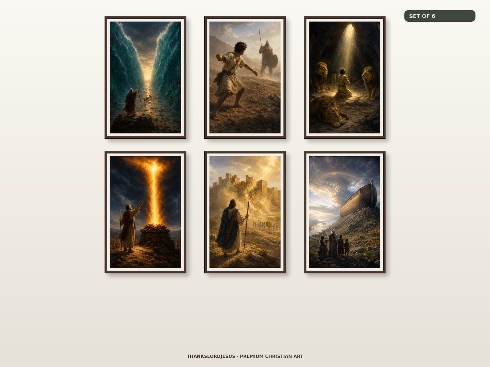 Clean airy hero mockup for Epic Old Testament Bible Scenes Set of 6, with all 6 coordinated epic Bible story designs fully visible on a premium neutral wall.