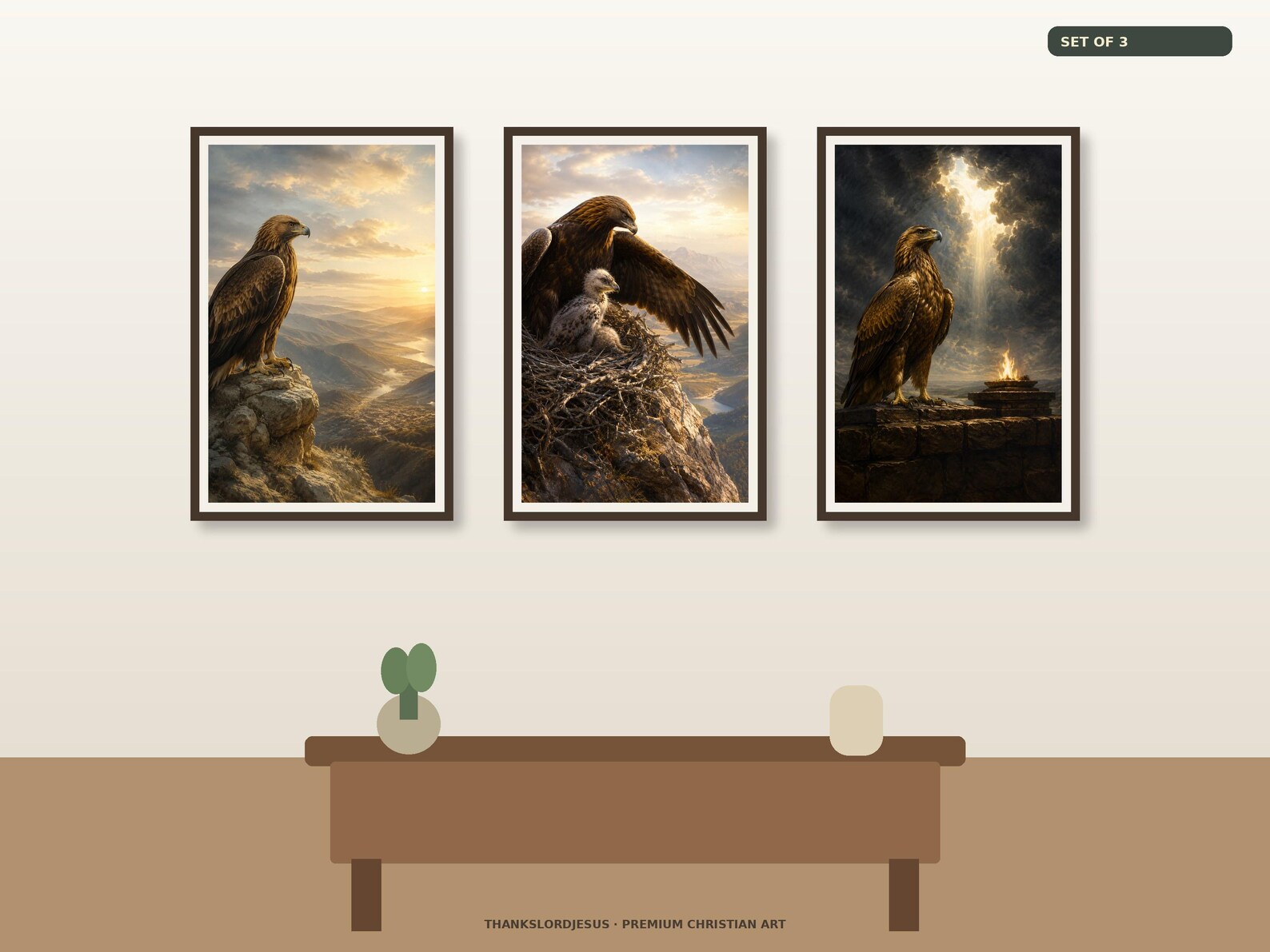 Clean airy hero mockup for Watchman and Prophetic Fire Eagle Set of 3, with all 3 coordinated prophetic eagle designs fully visible on a premium neutral wall.