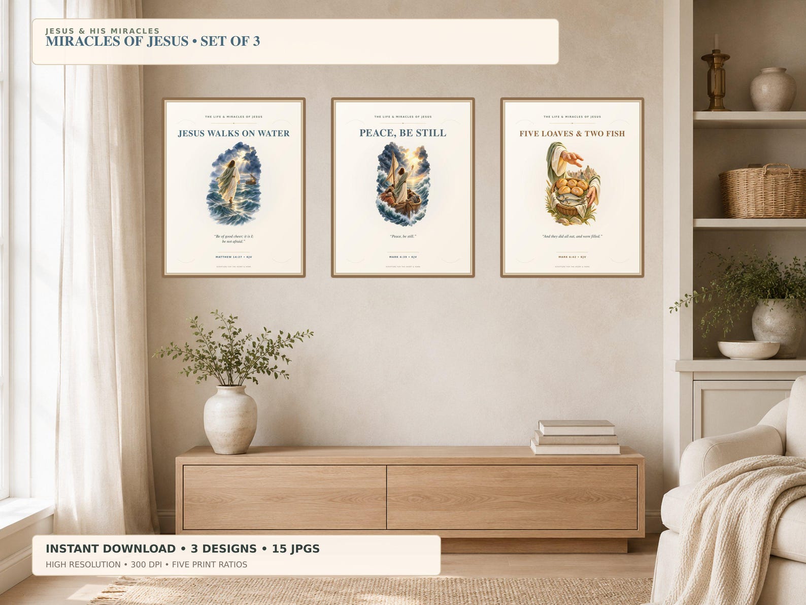 Miracles of Jesus Wall Art Set of 3, a Christian digital printable from the Jesus Christ collection by Thanks Lord Jesus