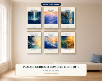 Psalms Wall Art Set of 6, Colorful KJV Scripture Printables, Christian Nature Bible Verse Digital Download Bundle