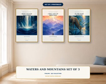 Psalms Wall Art Set of 3, Waterfall Mountain Stag KJV Scripture Printables, Christian Digital Download Bundle