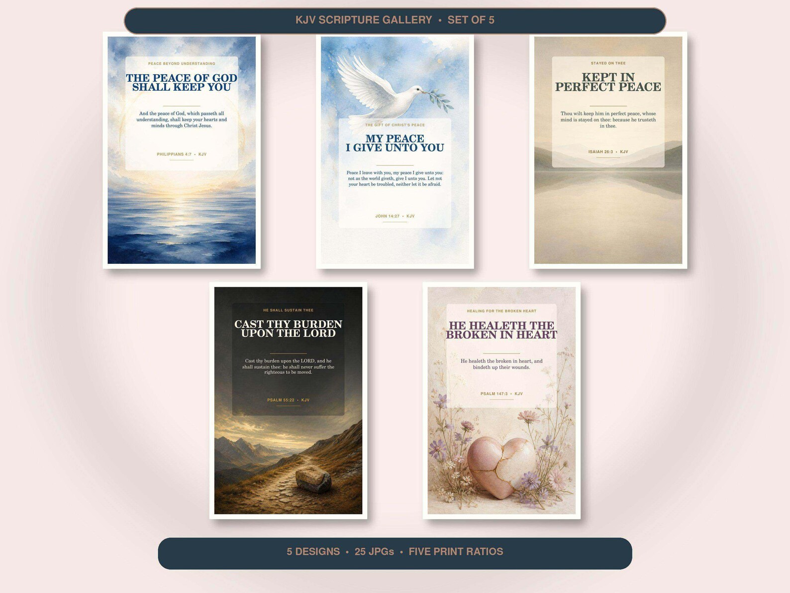 Peace and Comfort Wall Art Set of 5, KJV Scripture Bundle showing all 5 included Christian printable designs.