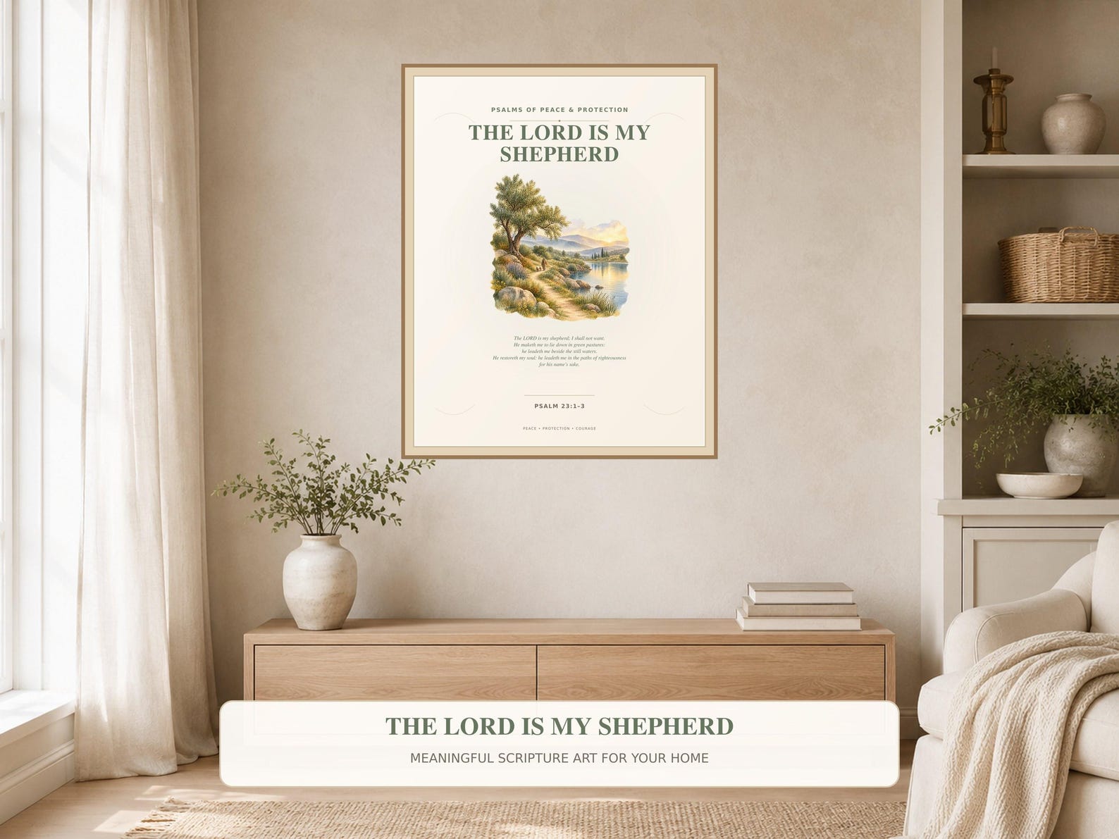 Psalm 23:1–3 The Lord Is My Shepherd printable wall art The Lord Is My Shepherd Psalm 23:1–3 printable wall art with still waters and an olive-tree landscape