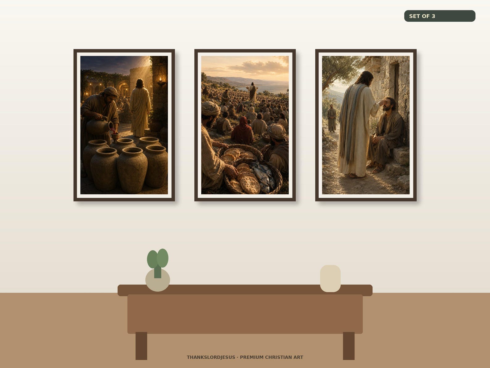 Clean airy hero gallery mockup for Provision and Compassion Miracles Set of 3, with all 3 framed designs clearly visible: Cana, Feeding the Five Thousand, and Jesus healing the blind man.