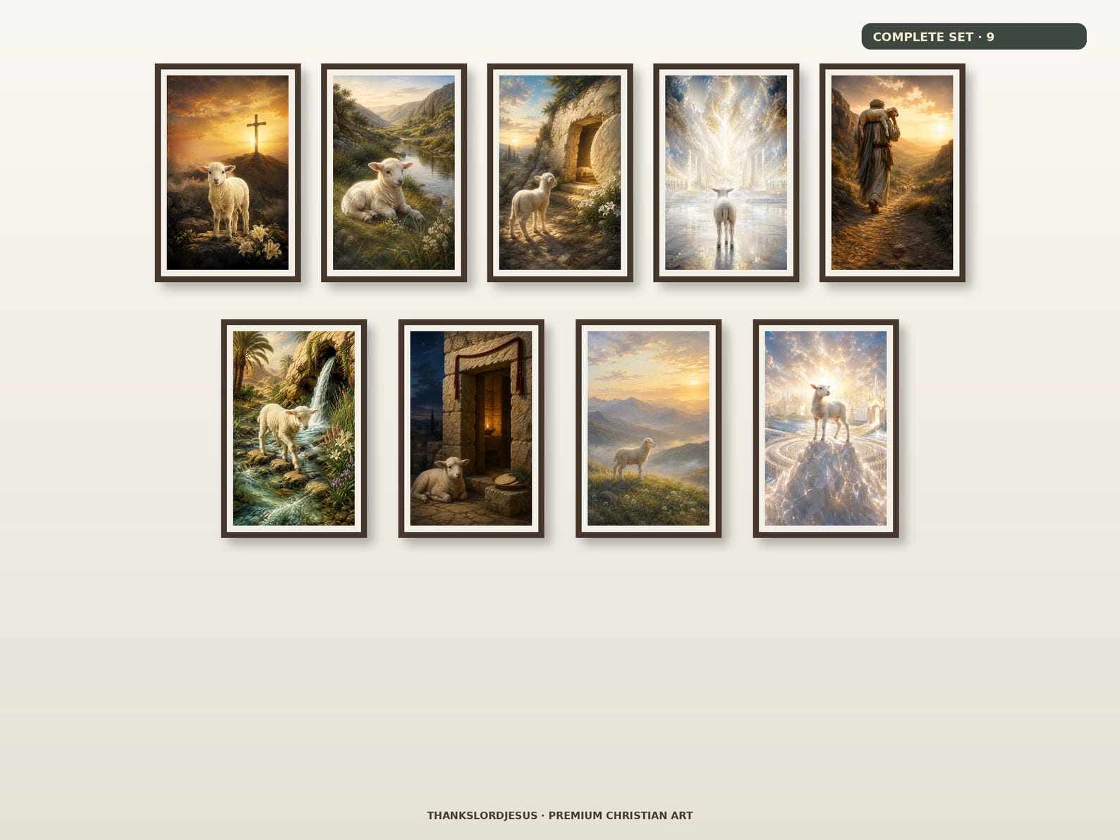Clean airy hero gallery wall for Complete Lamb of God Premium Set of 9, with all 9 Lamb of God artworks fully visible and evenly spaced.