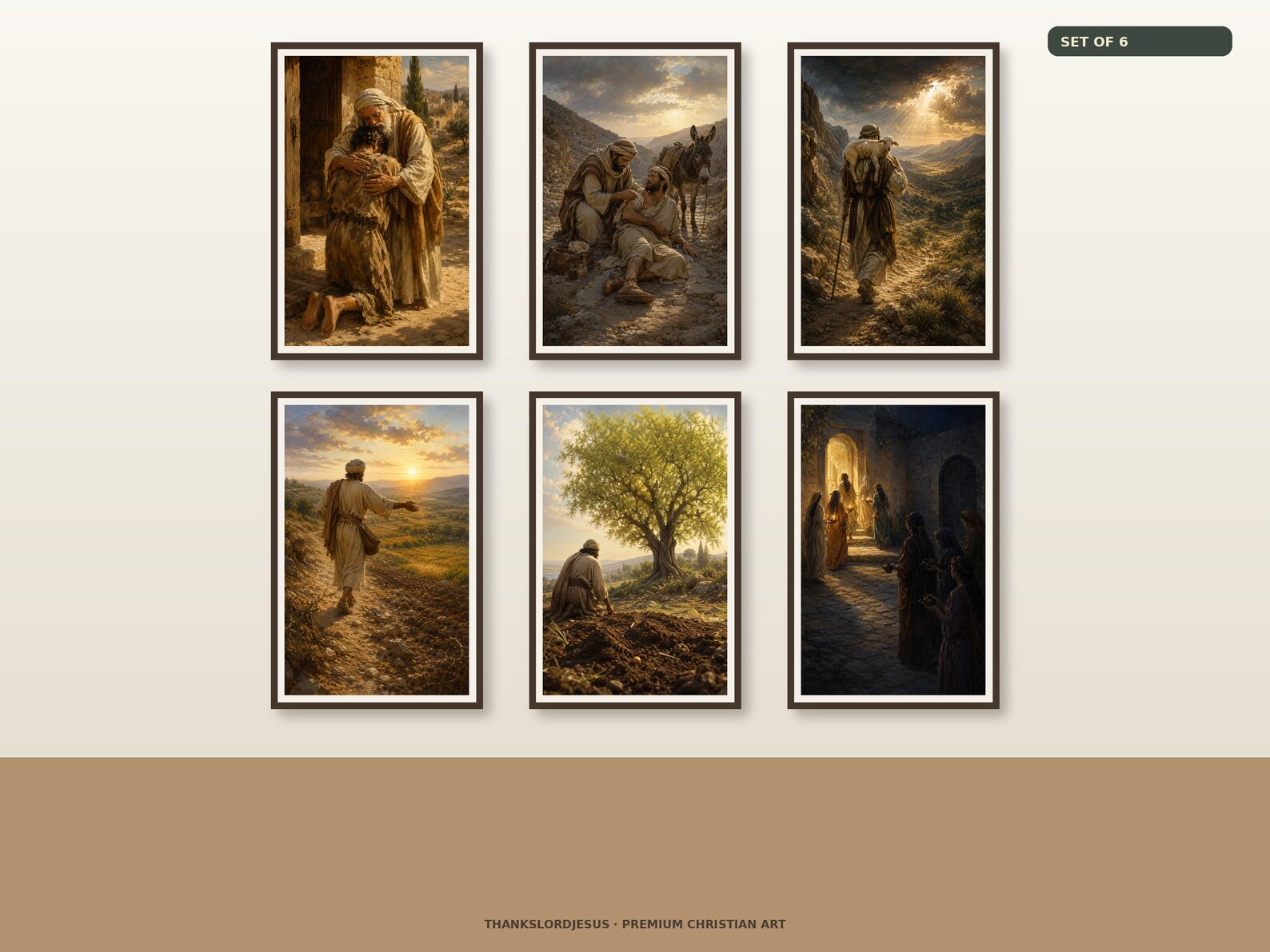 Clean airy hero mockup for Parables of Jesus Premium Set of 6, with all 6 coordinated designs fully visible on a premium neutral wall.