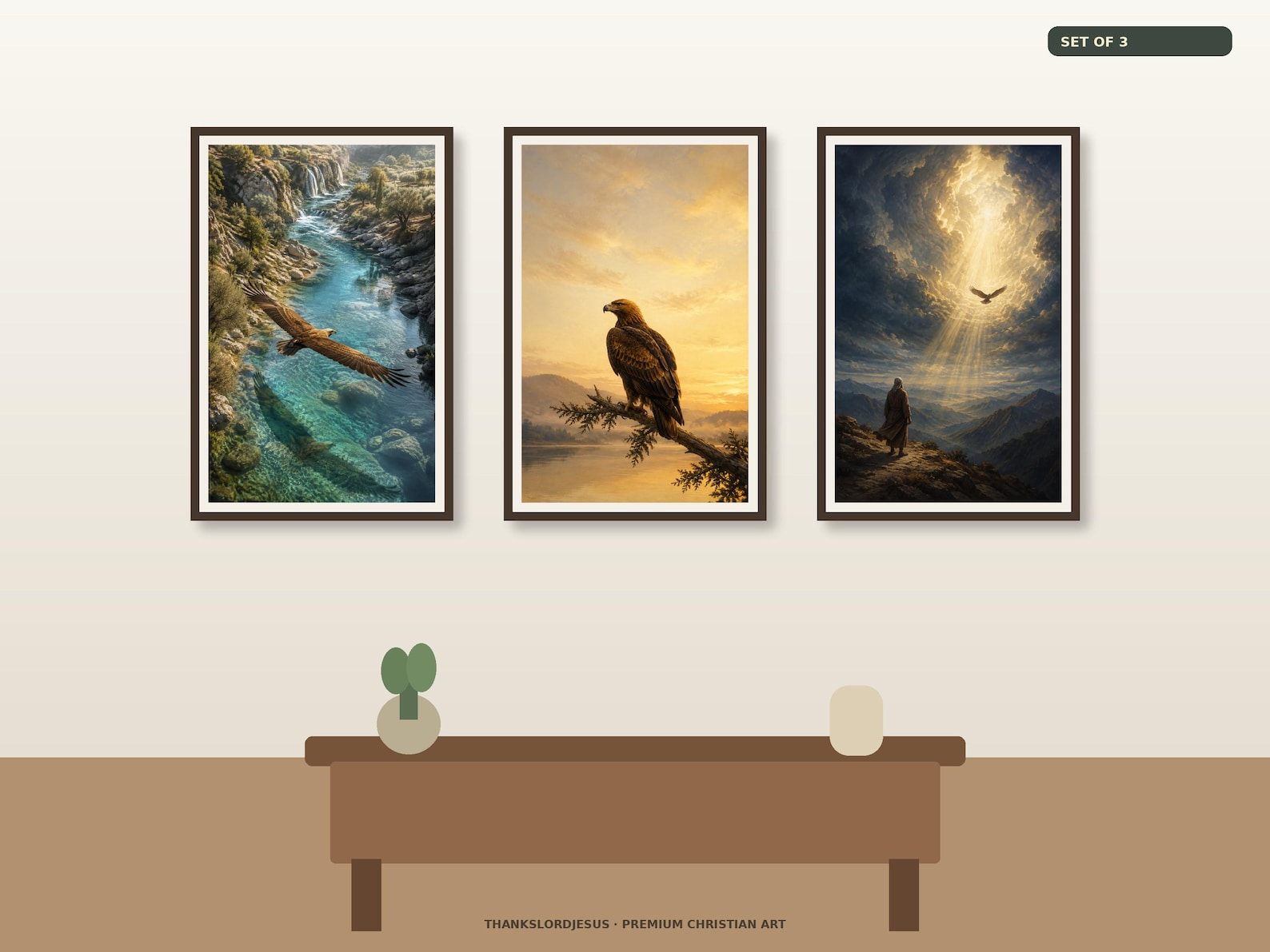 Clean airy hero mockup for Living Water and Open Heaven Eagle Set of 3, with all 3 coordinated prophetic eagle designs fully visible on a premium neutral wall.