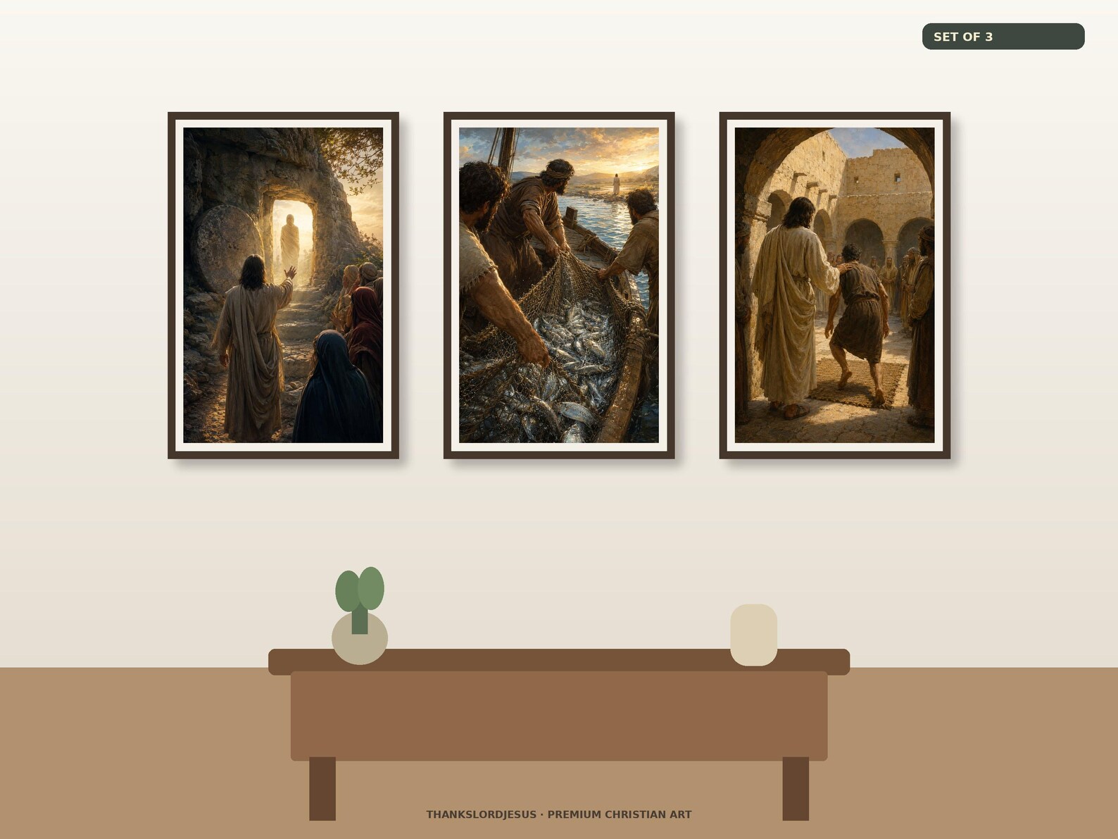 Clean airy hero gallery mockup for Resurrection Provision and Healing Set of 3, with all 3 framed designs clearly visible: Lazarus, miraculous fish catch, and the restored paralytic.