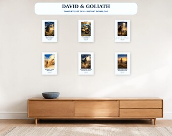 David and Goliath Complete Set of 6, 1 Samuel 17 KJV Printable Wall Art Bundle, Christian Boys Room Decor