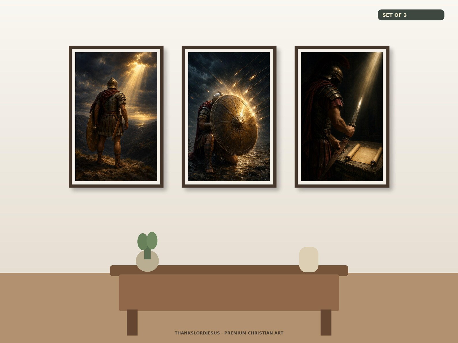 Clean airy hero gallery mockup for Armor of God Essentials Set of 3, with all 3 designs clearly visible as a coordinated framed Armor of God collection.