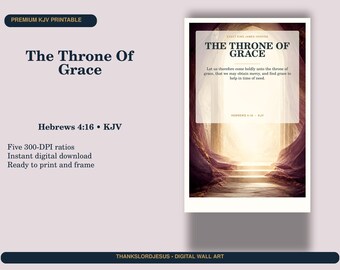 Muurdecoratie 'Troon der Genade', Hebreeën 4:16 KJV, printbaar voor de gebedsruimte.