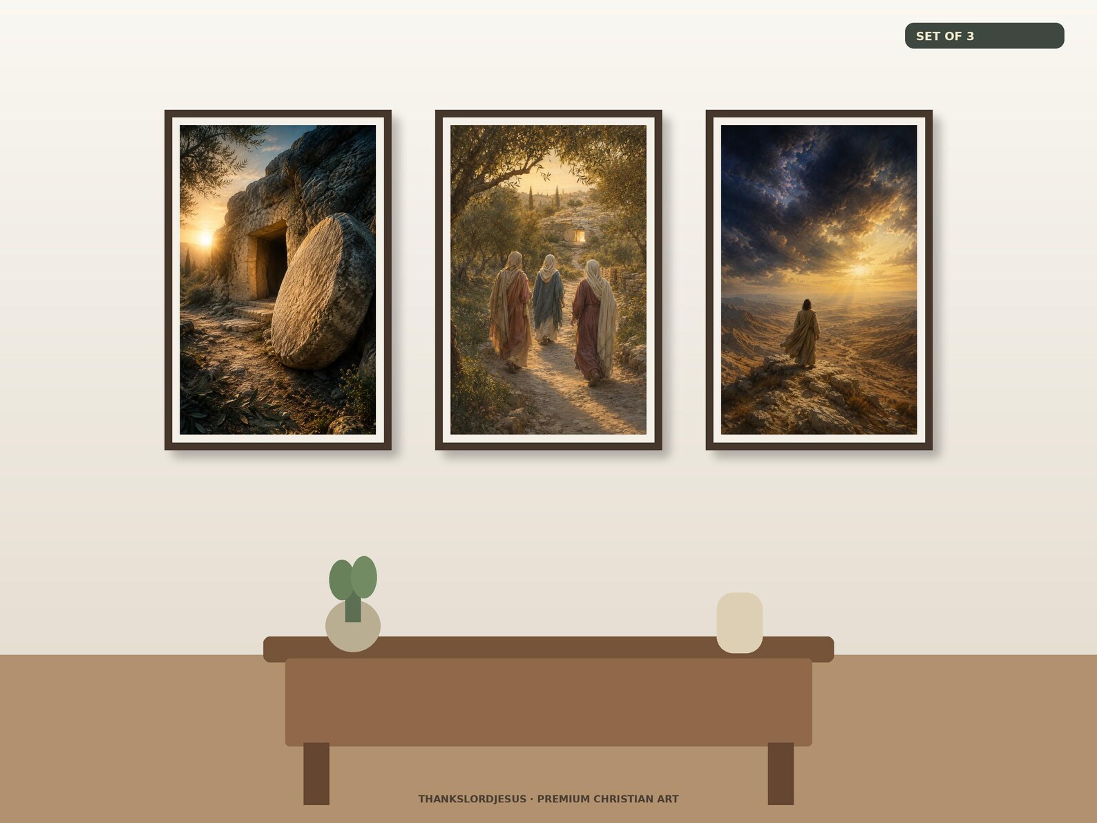 Clean gallery view of all 3 textless Resurrection and Victory Christian artworks included in Stone Rolled Away Victory Set of 3: The Stone Rolled Away, Resurrection Morning, Jesus Victorious.