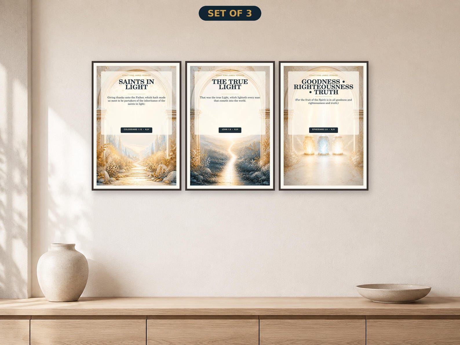 Trinity Light Scripture Wall Art Set of 3, Father Son Holy Spirit KJV Radiant Truth Father Son Holy Spirit wall art set of three coordinated exact-KJV printable designs.